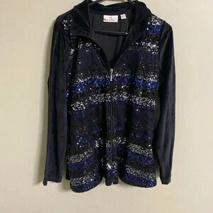 Quacker Factory Velour Zip Jacket Sequins Lace Size Medium Black Blue